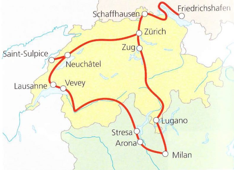 Traukinių maršruto pro Alpių ežerus žemėlapis