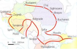 Traukinių maršruto po Balkanus žemėlapis