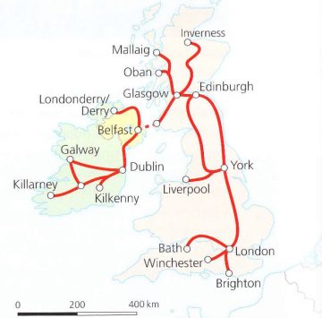 Traukinių maršruto po Angliją ir Airiją žemėlapis