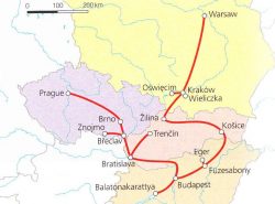 Traukinių maršruto po Centrinę Europą žemėlapis